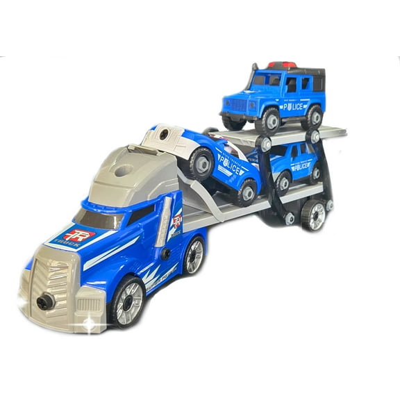 2-in-1 Police Semi Hauler Toy Truck with 3 DIY Cars Lights, Music, Transport & Slide Modes