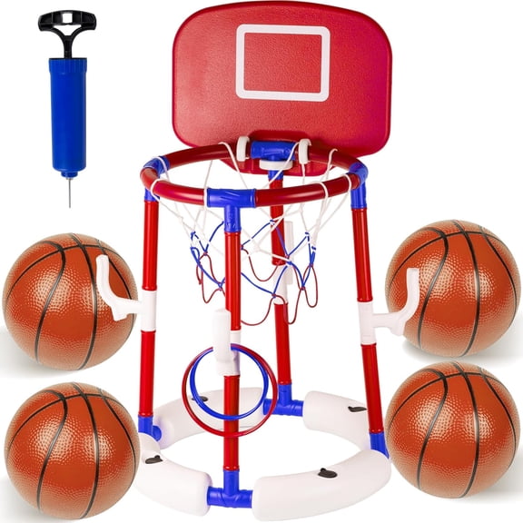 2-in-1 Pool Basketball Hoop Floating Set, Stable Water Basketball Hoop with Backboard, Basketball Hoop & Ring Toss Pool Games, Summer Fun & Outdoor Family Birthday Pool Toys for Kids & Adults