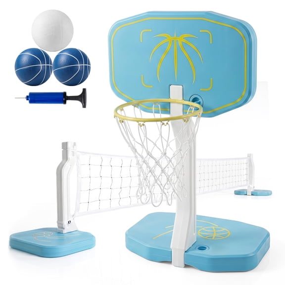 2-in-1 Pool Basketball Hoop, Pool Volleyball Net Set with Water-Filled Base, Swimming Pool Game Combo for Backyard Beach, Includes Balls and Pump