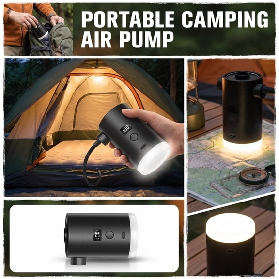 2-in-1 Portable Air Pump for Inflatables, Mini Air Mattress Pump with Camping Light, USB Rechargeable Air Pump for Pool Floats,Camping,Sleeping Pads, Swimming Rings, Vacuum Storage Bags(4 Nozzles)