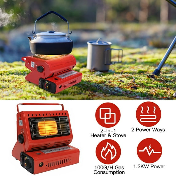 2-in-1 Portable Butane Heater & Stove: Red, Stainless Steel, Ceramic, 1.3KW, 100G/H Gas Consumption for Camping, Fishing, RV Travel Outdoor Heating & Cooking