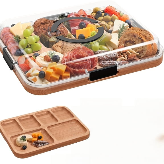 2-in-1 Portable Charcuterie Board with Lid and Handle, Compartmented Cheese & Meat Serving Tray