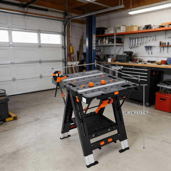 2-in-1 Portable Folding Work Table with 2 Clamps, Heavy Duty Workbench & Sawhorse Combo 500 lbs Capacity, Adjustable Height 28.4-31.8" for Garage Workshop DIY Projects, Compact Storage