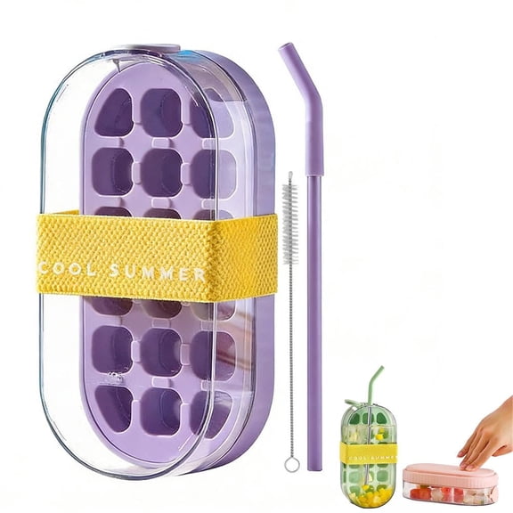 2-in-1 Portable Ice Cube Maker Bottle with Straw, Touch-Free Ice Cube Tray and Refreshment Cup for Picnic and Travel, Purple