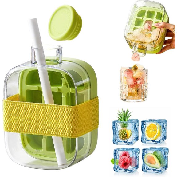 2 in 1 Portable Ice Cube Mold Bottle with Lid and Bin No Touch No Spill Single Press Easy Release Ice Maker Cup Container with Straw- 16.9oz