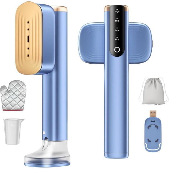 2-in-1 Portable Steamer for Clothes, 1200W, 15s Fast Heat-Up, 280ml Two Water Tanks Travel Handheld Garment Steamer, Upgraded 4 Steam Iron Modes for All Fabrics, Only for 110-120V, Blue Gold