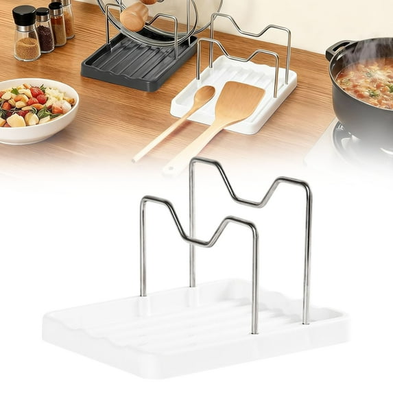 2-in-1 Pot Lid Holder & Spoon Rest - Kitchen Countertop Organizer While Cooking, Space Saving Double Row Kitchen Utensil Rack for Cooking, A