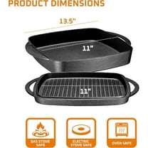 2-in-1 Pre-Seasoned Cast Iron Dutch Oven and Grill Pan with Dual Handles - 11-Inch Non Stick Square Casserole Dish with Lid - Cast Iron Cookware for Braising, Crock Pot and Oven Safe Skillet