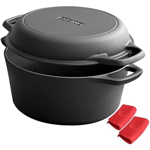 2-in-1 Pre-Seasoned Cast Iron Dutch Oven Pot with Skillet Lid Cooking Pan, Cast Iron Skillet Cookware Pan Set with Dual Handles Indoor Outdoor for Bread, Frying, Baking, Camping, 7QT