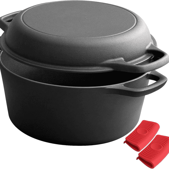 2-in-1 Pre-Seasoned Cast Iron Dutch Oven Pot with Skillet Lid Cooking Pan, Cast Iron Skillet Cookware Pan Set with Dual Handles Indoor Outdoor for Bread, Frying, Baking, Camping, 7QT