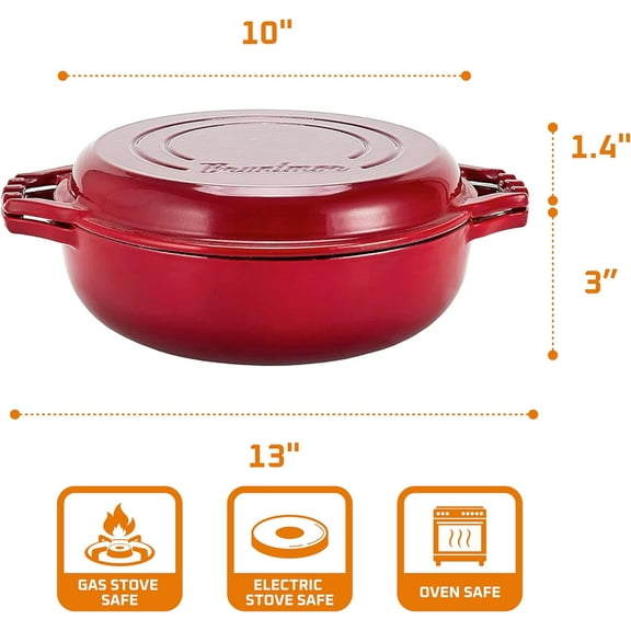 2-in-1 Pre-Seasoned Cast Iron Pan | Cocotte Double Braiser Pan with Grill Lid 3.3 Quarts - Barbecue Grill Non Stick Frying Pan - Nonstick Cookware Set with Wide Handle (Red)