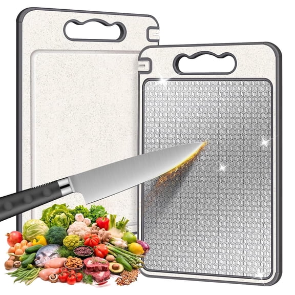 2-in-1 Premium Double-Sided Cutting Board - 304 Stainless Steel & Eco Wheat Straw PP - Integrated Knife Sharpener, Juice Groove, Non-Slip Mat (14.4" x 9.8" x 0.4")
