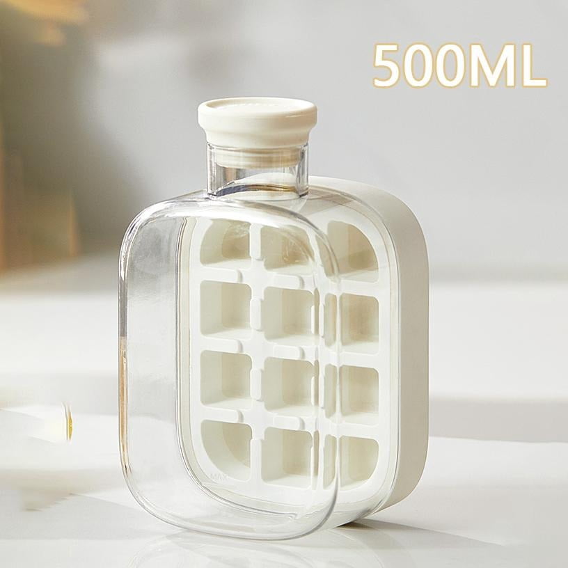 2-in-1 Press Type Cooling Cup Water Bottle with Ice Mold, No Touch Ice Maker with Lid for Whiskey, Cocktails, Reusable and Portable