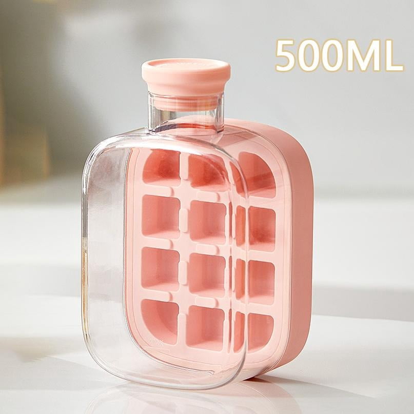 2-in-1 Press Type Cooling Cup Water Bottle with Ice Mold, No Touch Ice Maker with Lid for Whiskey, Cocktails, Reusable and Portable