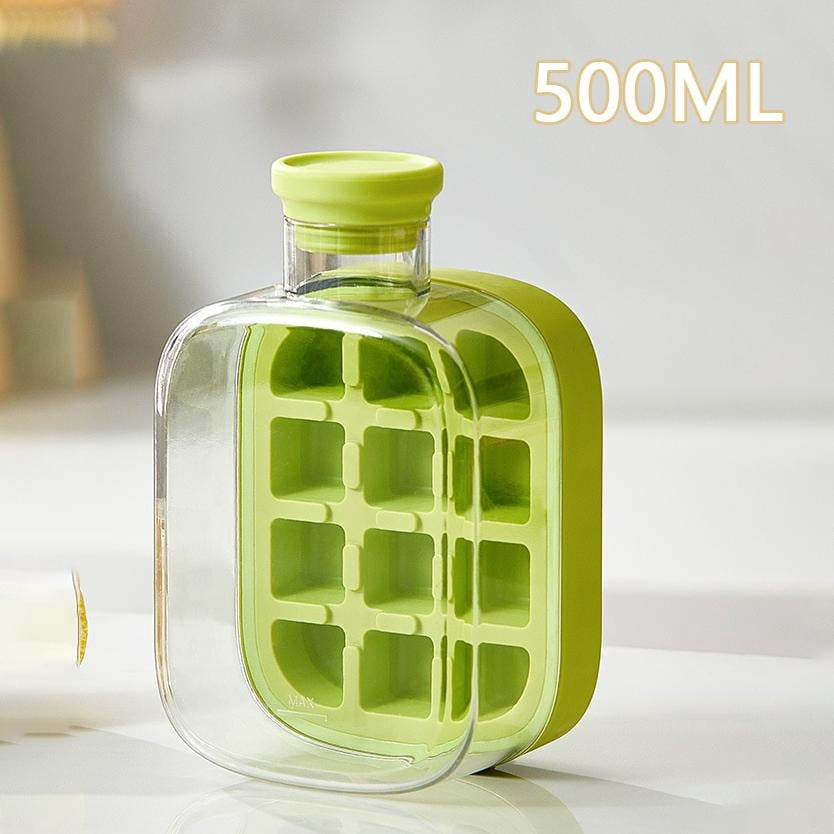 2-in-1 Press Type Cooling Cup Water Bottle with Ice Mold, No Touch Ice Maker with Lid for Whiskey, Cocktails, Reusable and Portable