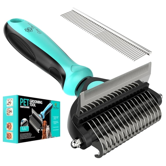Spring Blossoms-2 in 1 Professional Grooming Rake for Cats & Dogs-Dematting Comb for Easy Mats & Tangles Removing,Hair Removal Cleaner for Pets(Cyan)