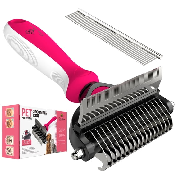 2 in 1 Professional Grooming Rake for Cats & Dogs-Dematting Comb for Easy Mats & Tangles Removing,Hair Removal Cleaner for Pets(Rose)