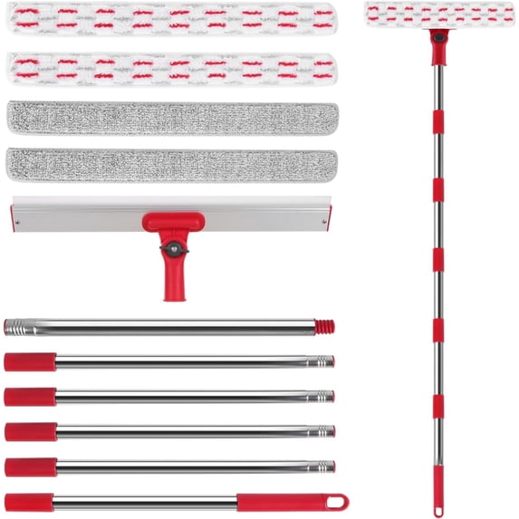 2-in-1 Professional Window , 86.6'' Window Cleaner Tool with 6-Section Extension Pole, Window Cleaning Kit with 4 Microfiber Cloth, Window Washing Equipment for in/Outdoor Windows