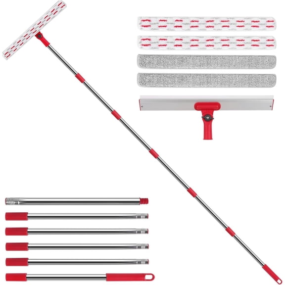 2-in-1 Professional Window , 86.6'' Window Cleaner Tool with 6-Section Extension Pole, Window Cleaning Kit with 4 Microfiber Cloth, Window Washing Equipment for in/Outdoor Windows