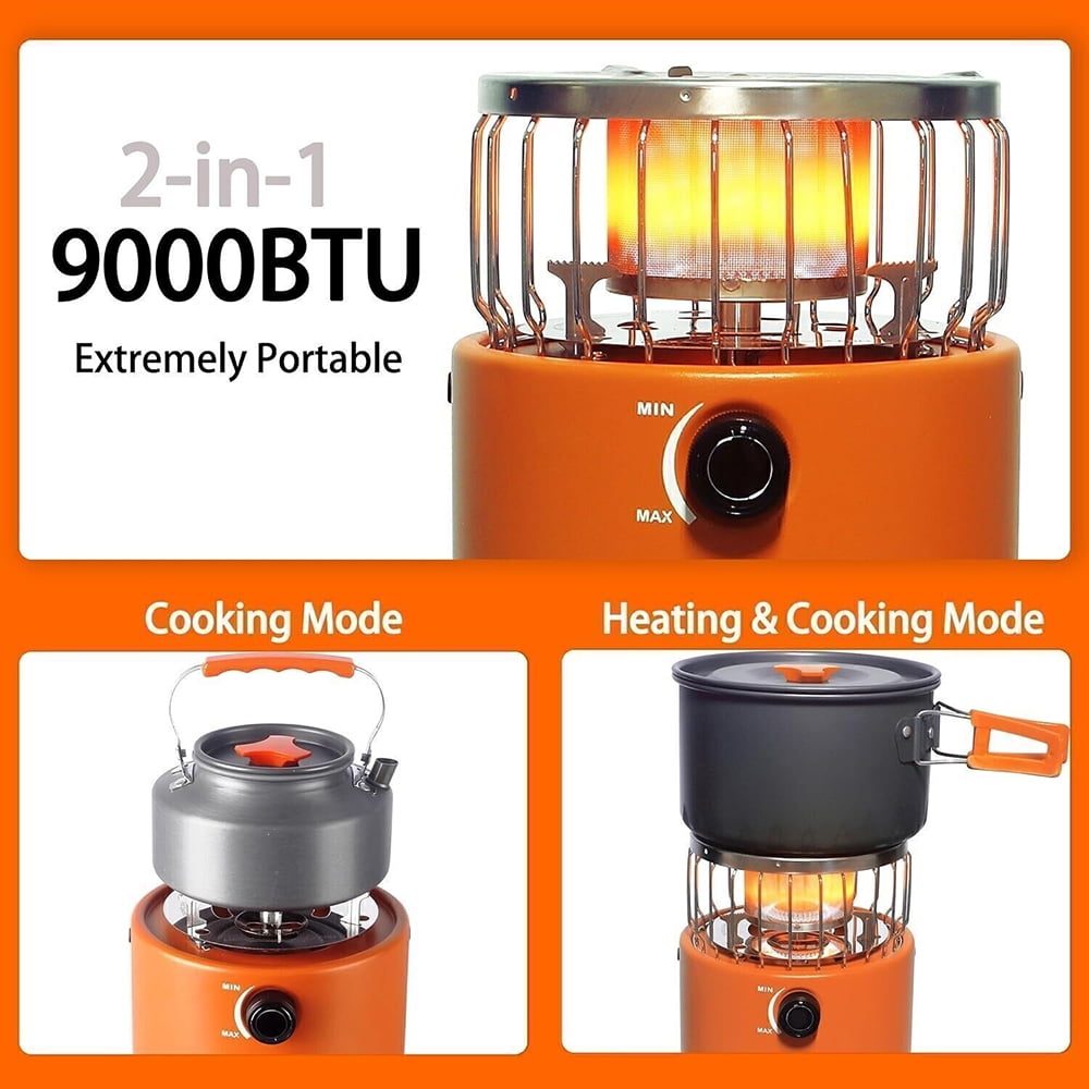 2 in 1 Propane Camp Heater, Pocket Stove for Indoor & Outdoor Propane Gas Stove Orange 9,000