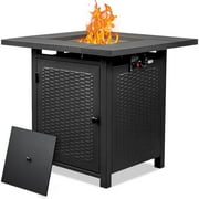 2-in-1 Propane Fire Pit Table, Outdoor Table with Fire Pit, 28" 40,000 BTU Auto-Ignition Gas Fire Pit Table with Lid & Lava Rock, Square Fire Table with Rattan Exterior for Yard Patio Garden