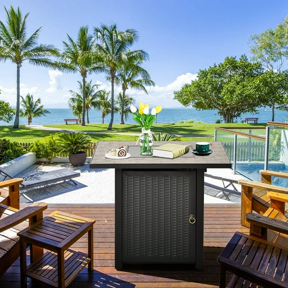 2-in-1 Propane Fire Pit Table, Outdoor Table with Fire Pit, 30" 40,000 BTU Auto-Ignition Gas Fire Pit Table with Lid and Lava Rock, Square Fire Table with Rattan Exterior for Yard Patio Garden, K2962