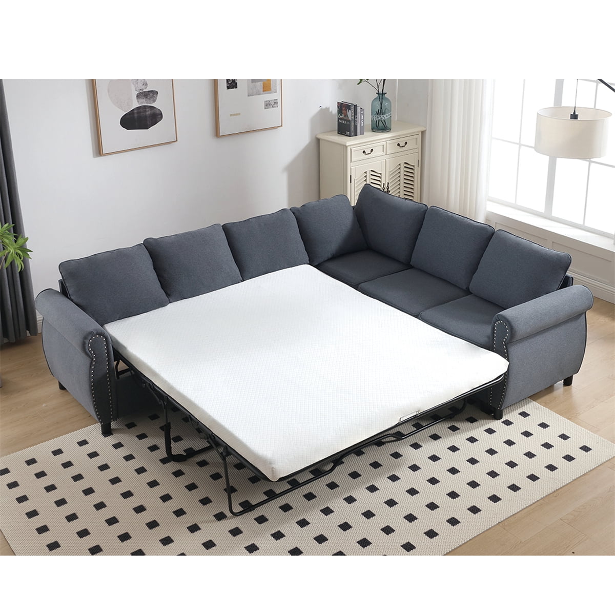 2 in 1 Pull Out Sleeper Sofa Bed, 6 Seater L Shaped Sectional Sofa with ...