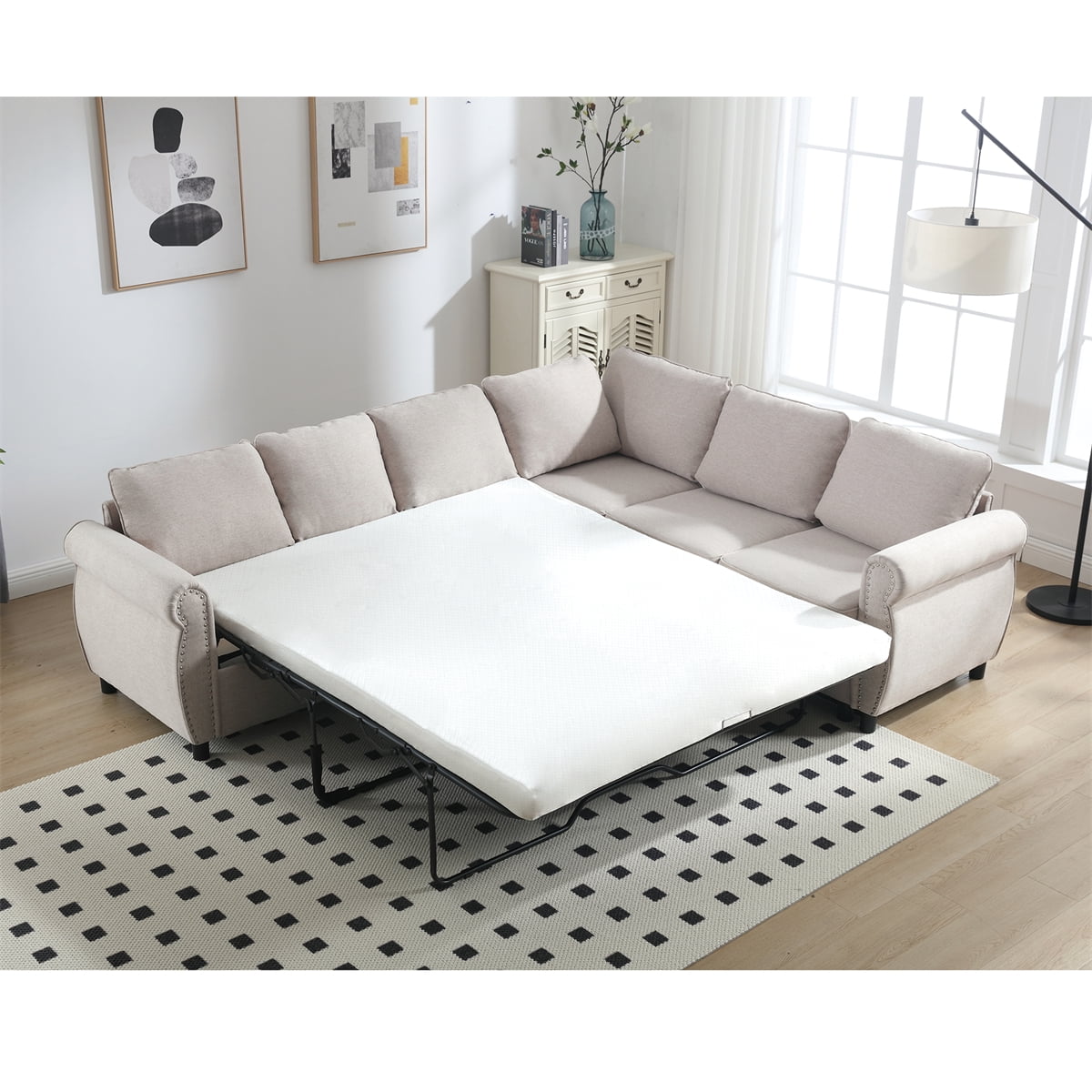 2 in 1 Pull Out Sleeper Sofa Bed, 6 Seater L Shaped Sectional Sofa with ...