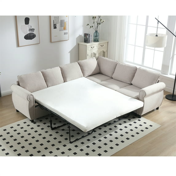 2 in 1 Pull Out Sleeper Sofa Bed, 6 Seater L Shaped Sectional Sofa with Soft Backrest, Large Combined Couch for Living Room Apartment