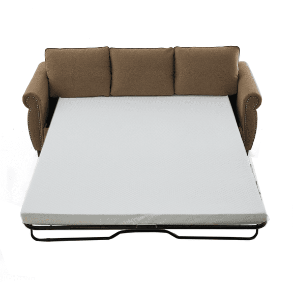 2-in-1 Pull-Out Sofa Bed, Convertible Loveseat Sleeper with Mattress, Modern Fabric Sofa with 3.35" Memory Foam Mattress, Rivet Handrail for Living Room Guest Room (Brown)