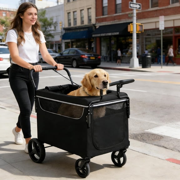 2‑in‑1 Push‑Pull Dog Wagon Stroller for Medium & Large Dogs, Heavy‑Duty All‑Terrain Pet Cart with Ramp, Adjustable Handle & One‑Step Brake for Outdoor Hiking Camping