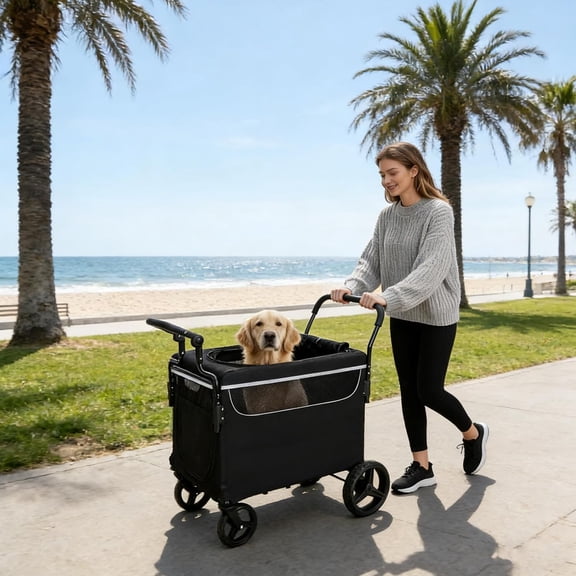 2in1 PushPull Dog Wagon Stroller for Medium & Large Dogs, HeavyDuty AllTerrain Pet Cart with Ramp, Adjustable Handle & OneStep Brake for Outdoor Hiking Camping