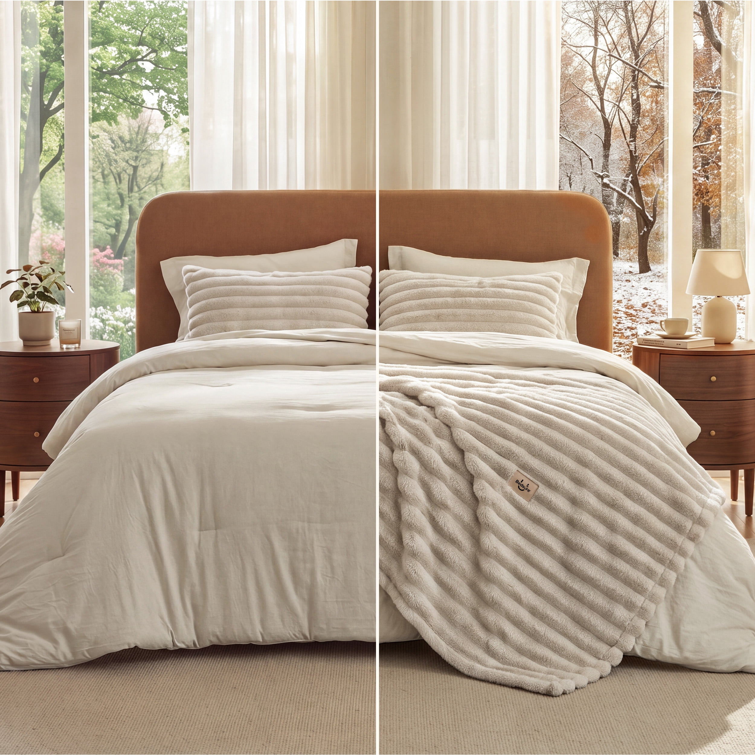 U Bedsure 2-in-1 Queen Fall Comforter Set and Detachable Fluffy Blanket, Beige Bedding Set for All Season Use, Detachable Design for Space Saving (Includes 2 Pillow Shams, 2 Pillowcases)