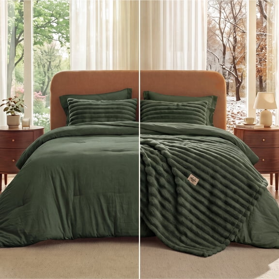 2-in-1 Queen Fall Comforter Set and Detachable Fluffy Blanket, Olive Green Bedding Set for All Season Use, Detachable Design for Space Saving (Includes 2 Pillow Shams, 2 Pillowcases)