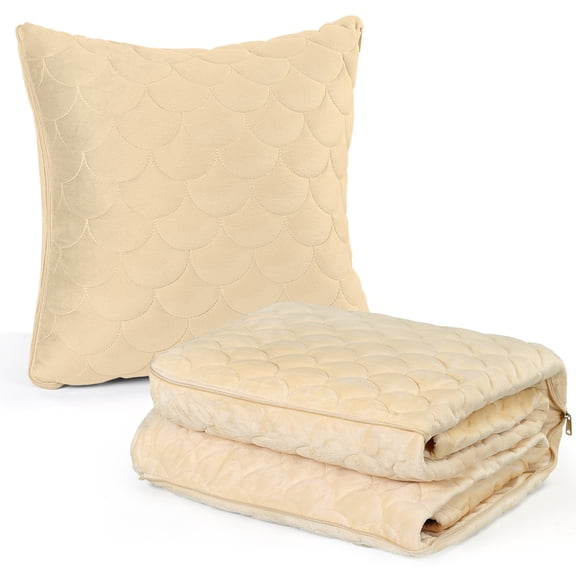 2-in-1 Quilted Throw Pillow Blanket, Fish Scale Pattern Convertible Cushion for Sofa and Travel