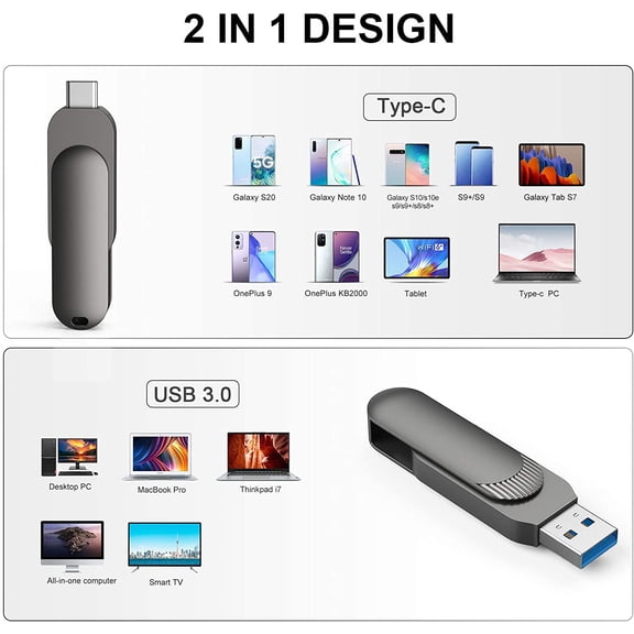 2-in-1 RAOYI 128GB USB C Flash Drive for Android Smartphone OTG USB 3.0 Memory Stick Swivel Thumb Drive