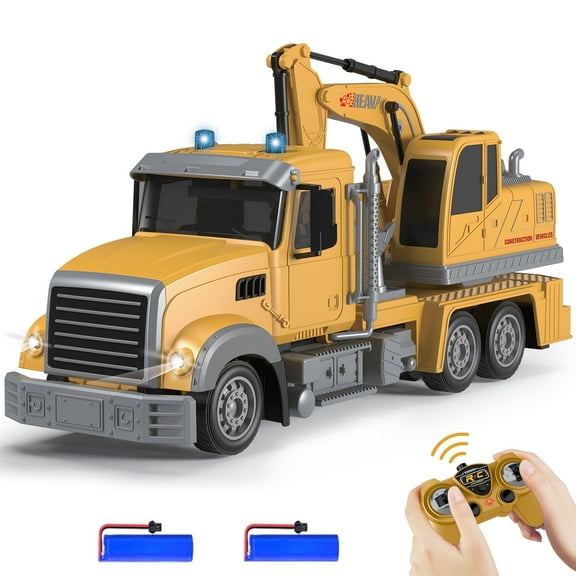 2-in-1 RC Truck & RC Excavator Set, 7 CH Construction Truck Playset with Lights and Sound for Kids