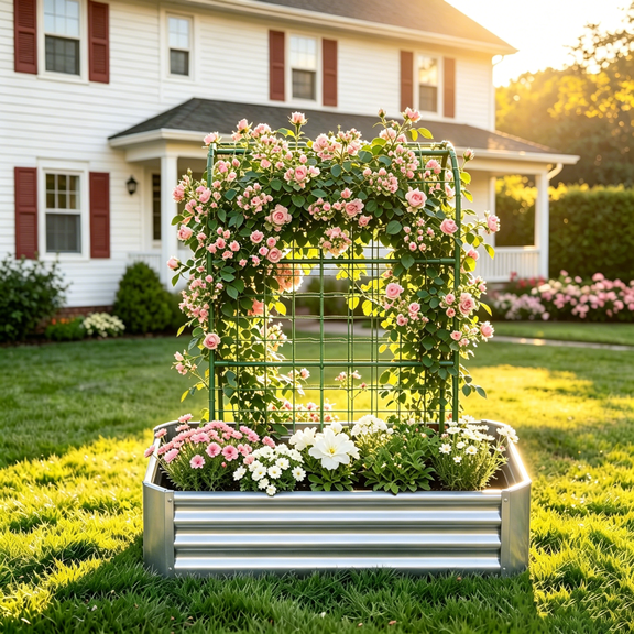 2-in-1 Raised Garden Bed with Trellis - 59" Tall Arch Planter Box for Climbing Plants, Outdoor Galvanized Metal Gardening Bed for Vegetables, Fruits, Flowers (Silver, 4x2x1 Ft)