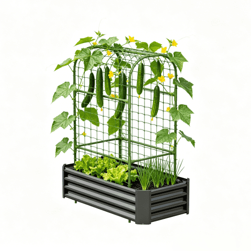 2-in-1 Raised Garden Bed with Trellis - 59" Tall Arch Planter Box for Climbing Plants, Outdoor Galvanized Metal Gardening Bed for Vegetables, Fruits, Flowers
