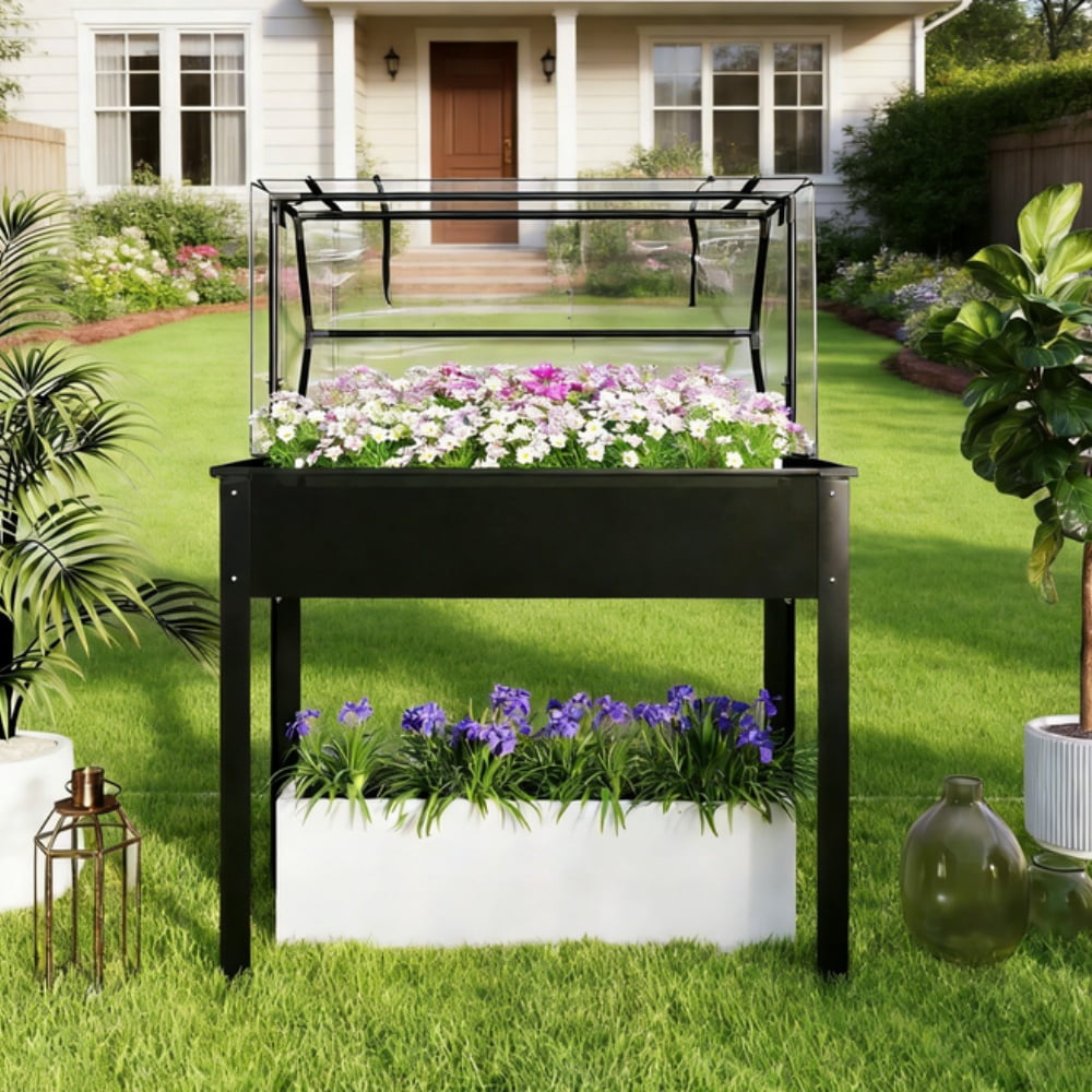 2-in-1 Raised Planter Box with Greenhouse Cover, Elevated Garden Bed with Flip-Up Door, Metal Steel Frame, Drainage Hole, 110 Lbs Capacity for Outdoor Plants Vegetables Herbs