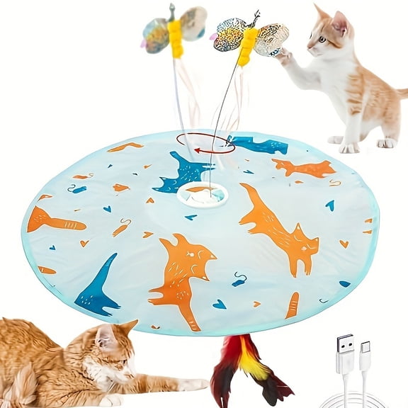 2-in-1 Rechargeable Motion Activated Interactive Cat Toy for Indoor Cats, Long-Lasting Motor Cat Chasing Toy for Exercise, Moving Butterfly & Feather Wand Kitten Toy