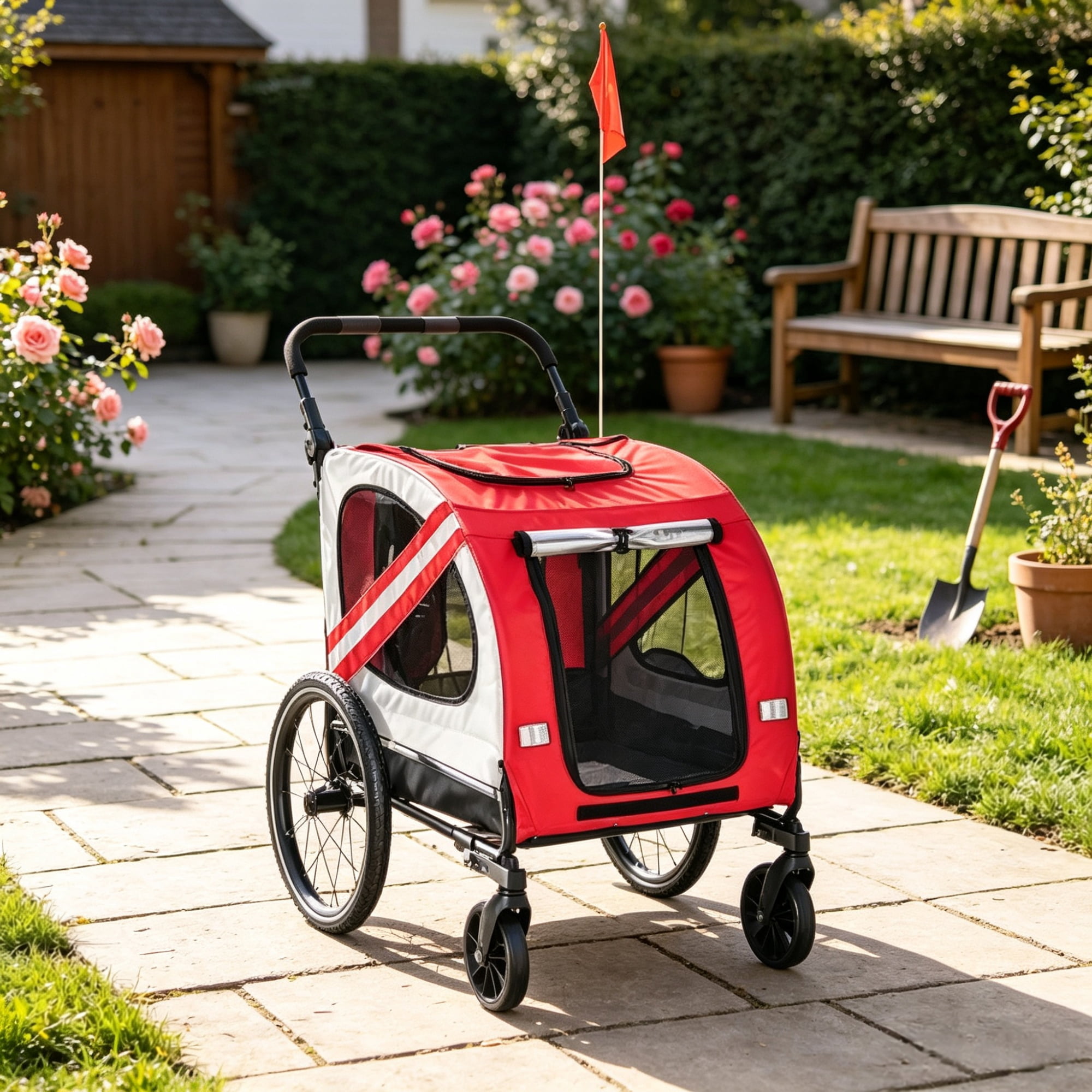 2-in-1 Red Dog Bicycle Trailer, Road-Visibility Reflectors, Weather-Strong Cover, as Pet Outdoor Travel Essential for Hiking Routes