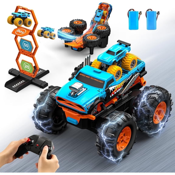 2-in-1 Remote Control Car with Transform Launcher Track  1:16 RC Monster Truck Toys 2.4GHz, Self-Standing 360 Flips Towing Mini Cars & Electric Scoring Gate Truck Gift for Kids Boys Girls Age 4-12