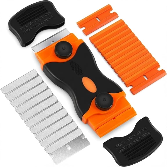 2-in-1 Replaceable Razor Scraper Tool with 10 Metal & 10 Plastic , Safe Screw- Design for Glass Cooktop Tile Floor & Sticker Removal, Multi-Surface Cleaning Scraper