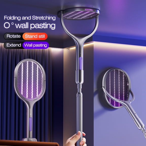 2-in-1 Retractable Electric Fly Swatter Racket - USB Rechargeable Bug Zapper with Mosquito Trap Lamp, Extended Handle Powerful Insect Killer for Home Bedroom Indoor Outdoor