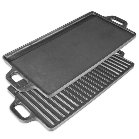 2-in-1 Reversible 19.5 x 9 Cast Iron Griddle with Handles, Preseasoned & Non-Stick for Gas Stovetop, Oven and Open Fire.