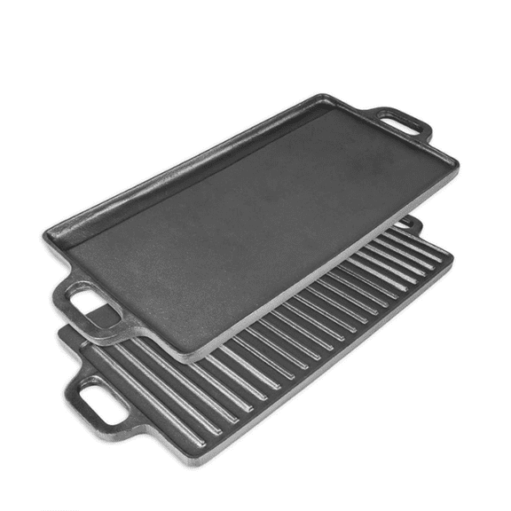 ProSource 2-in-1 Reversible 19.5 x 9 Cast Iron Griddle with Handles, Preseasoned & Non-Stick for Gas Stovetop, Oven and Open Fire.