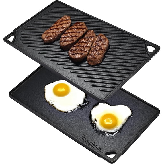 2-in-1 Reversible Grill Plate - Pre-Seasoned Cast Iron Griddle Pan for Gas Stovetop, Oven, or Open Fire 17x10-Inch Rectangular Double Sided Flat Camping, Roasting, and Grilling