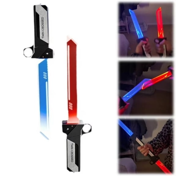 2-in-1 Reversible LED Light Sword, Retractable Dual-Color (Red/Blue) Blades, Smooth Fingertip Spin Hilt, Connectable for Double-Blade Fun
