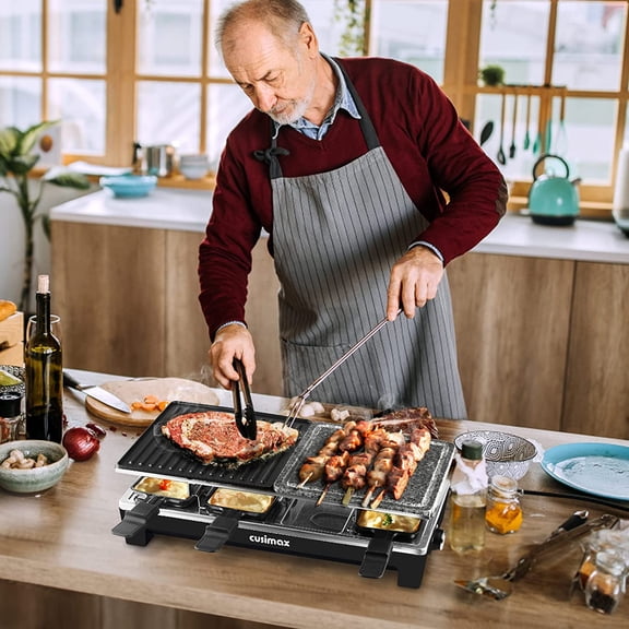 Raclette Table Grill - 1500W Electric Indoor Grill with 2 in 1 Non-stick Plate and Natural Grill Stone, 8 Pans and 8 Spatulas for Family Cooking